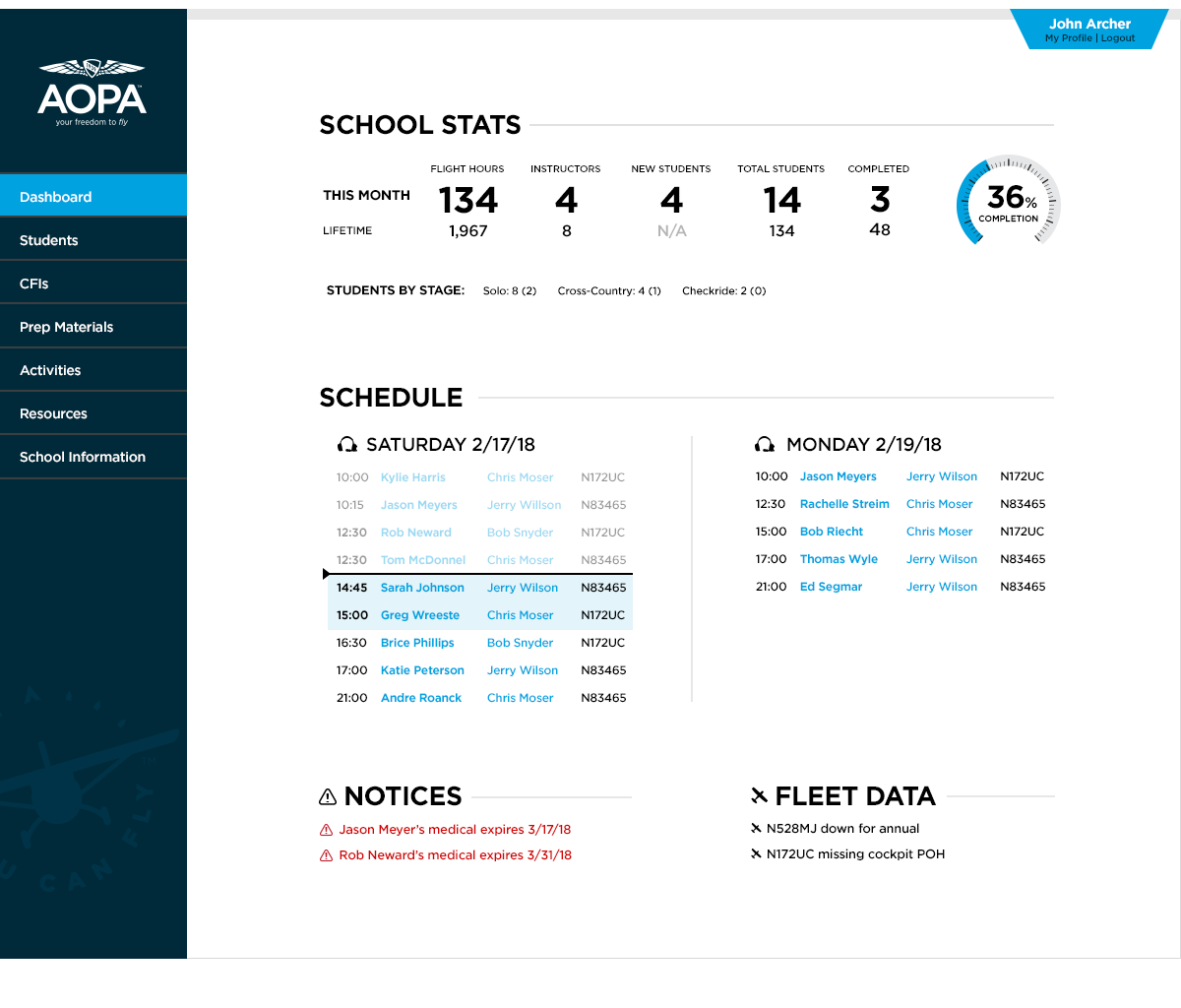 Flight School Portal Dashboard