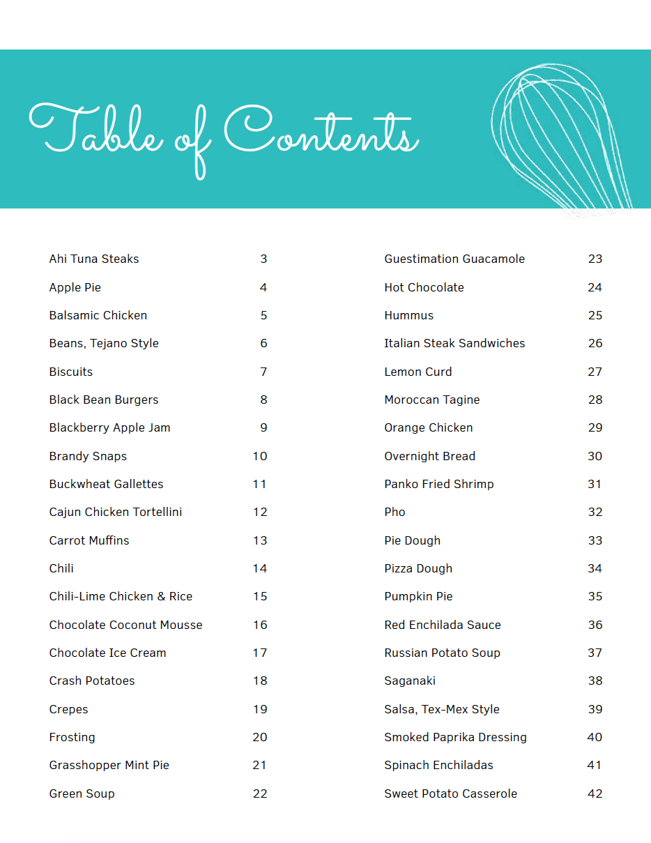 Recipe Book Table of Contents